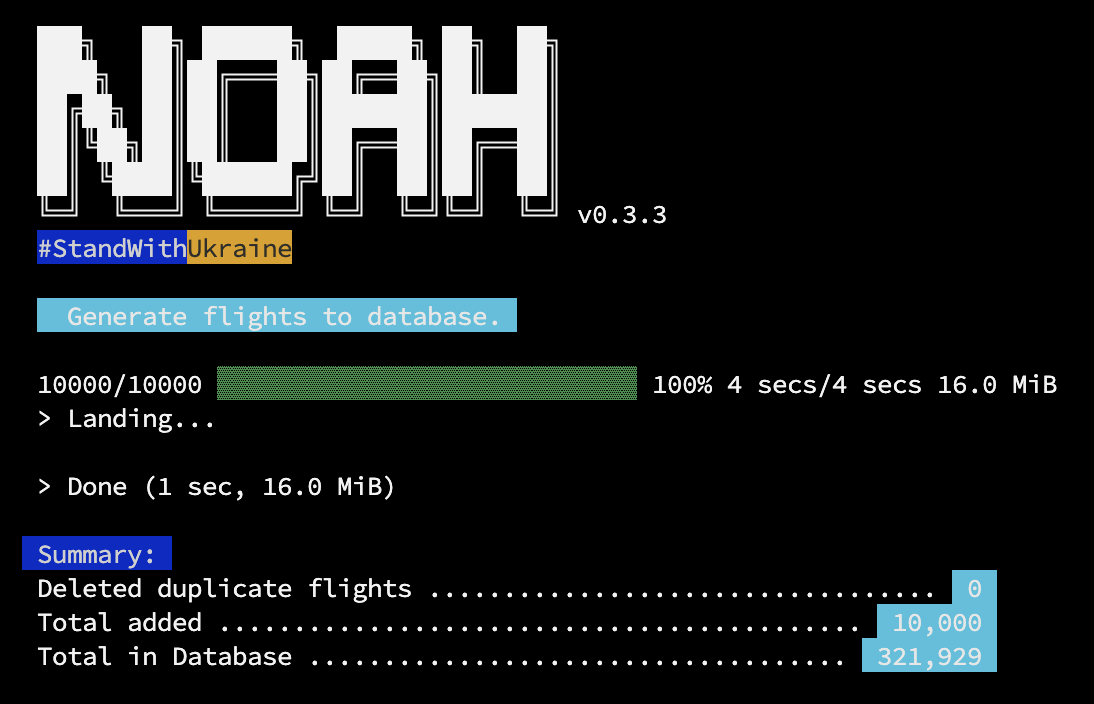 Sortie de la commande Noah CLI flights:add en volume eleve
